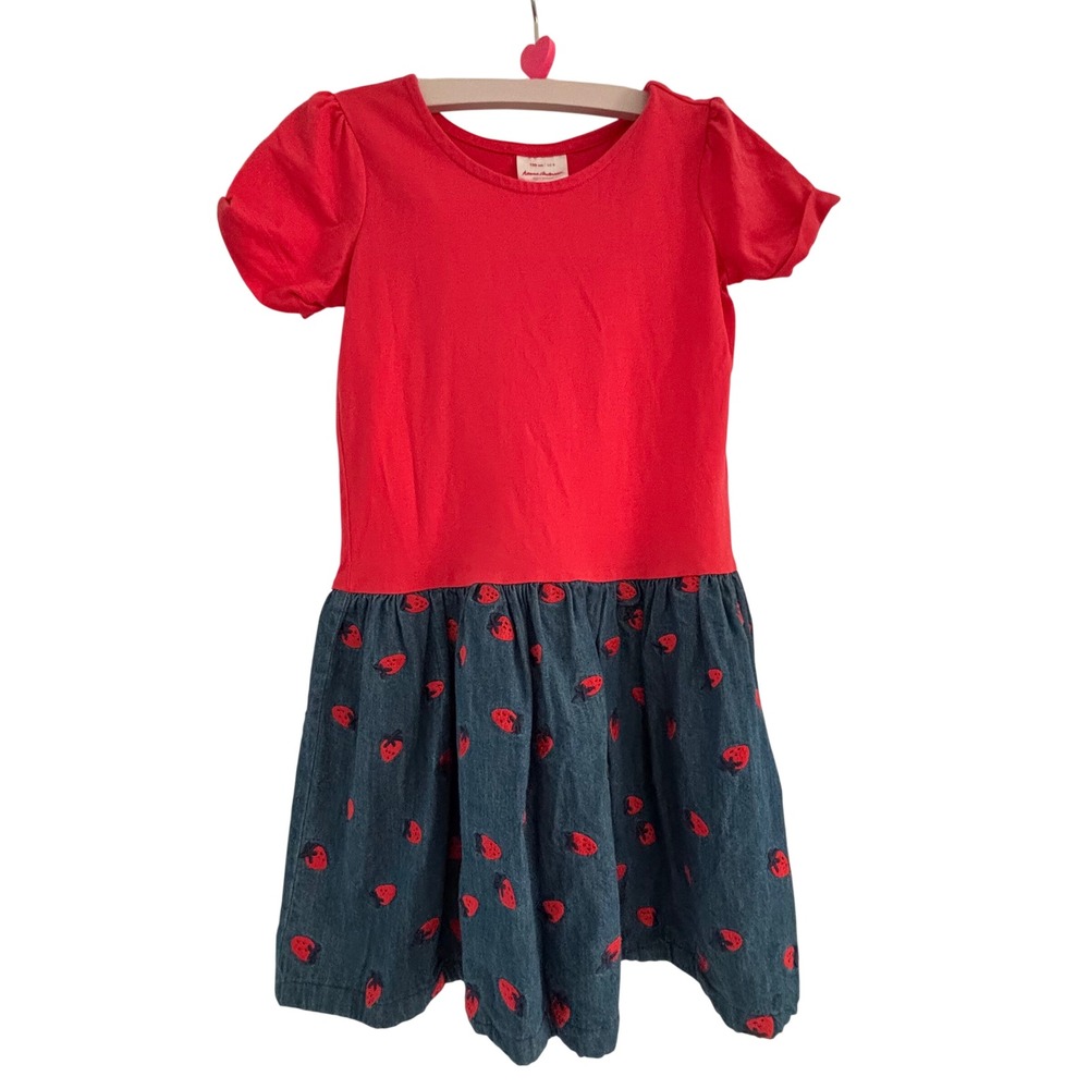 Hanna Andersson Dress Girls 8 Red Blue Strawberry Embroidered Denim Knit Cotton